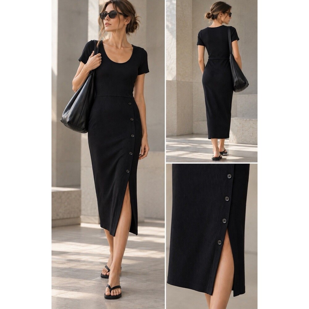 Amour Vert Black Ribbed Midi Dress M Modal Stretch Button Slit Made USA Luxury